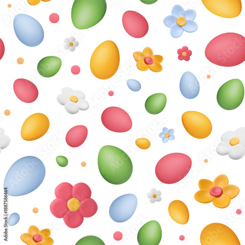 Easter seamless pattern with 3d eggs and flowers. Multicolored cartoon elements, plasticine buds. Vector illustration. Spring holiday background.