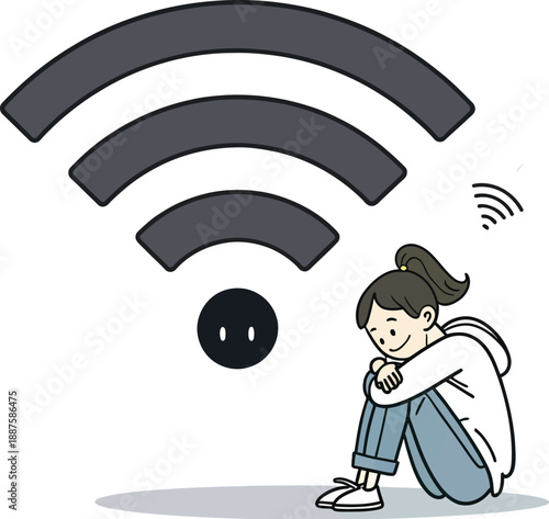 Sad cartoon woman without WiFi, disappointment, technology, connectivity problem concept