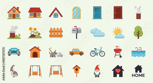 Modern Flat Design Garden and Backyard Icon Collection: Home Exterior and Gardening Tool Illustrations