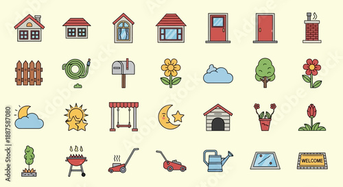 Modern Flat Design Garden and Backyard Icon Collection: Home Exterior and Gardening Tool Illustrations