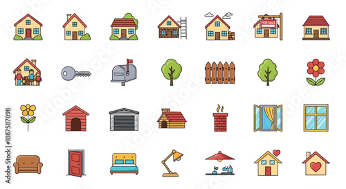 Modern Flat Design Garden and Backyard Icon Collection: Home Exterior and Gardening Tool Illustrations