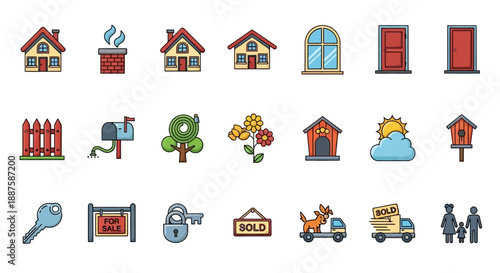 Modern Flat Design Garden and Backyard Icon Collection: Home Exterior and Gardening Tool Illustrations