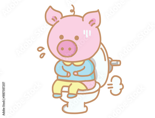 Cute Cartoon Pig Sitting on the Toilet with Constipation Expression