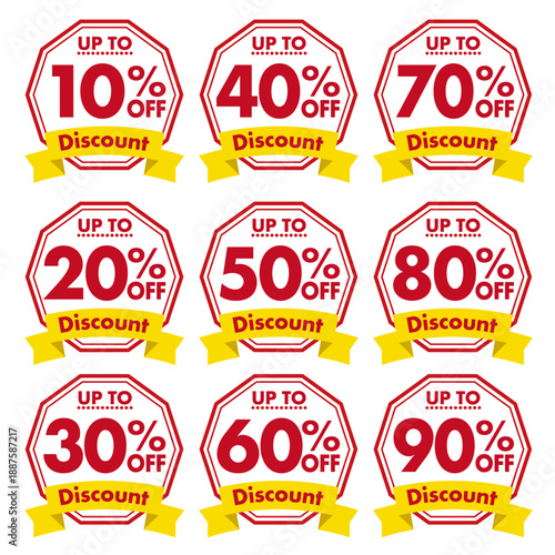 Discount Icon Vector Illustration Set. / 値引きのアイコン素材セット。白背景にベクターイラスト。