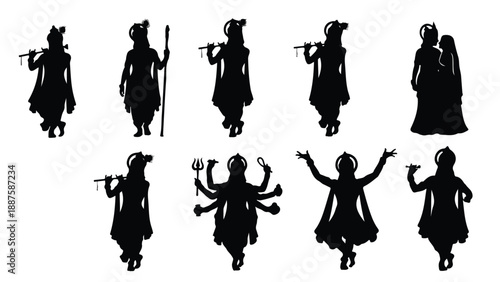 Set of 10 Hindu god and goddess black silhouette vector illustrations