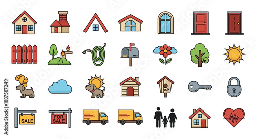 Modern Flat Design Garden and Backyard Icon Collection: Home Exterior and Gardening Tool Illustrations