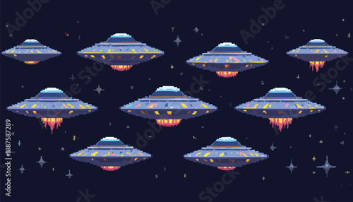 8-Bit Pixel Art Alien UFO Fleet Flying in Formation