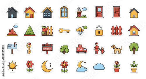 Modern Flat Design Garden and Backyard Icon Collection: Home Exterior and Gardening Tool Illustrations