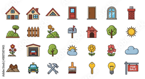 Modern Flat Design Garden and Backyard Icon Collection: Home Exterior and Gardening Tool Illustrations