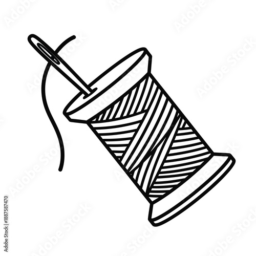 Simple black and white outline drawing of a sewing thread spool and needle