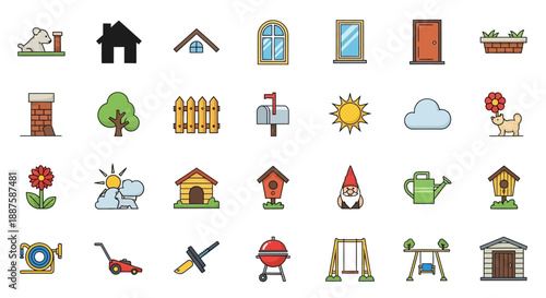 Modern Flat Design Garden and Backyard Icon Collection: Home Exterior and Gardening Tool Illustrations