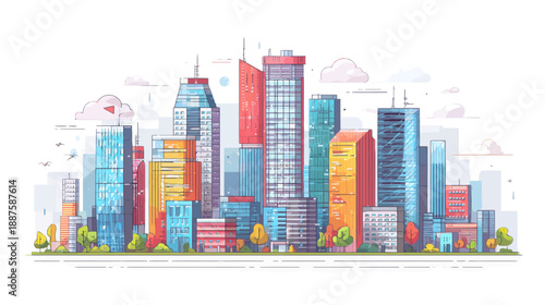 Colorful urban cityscape illustration with modern tall buildings