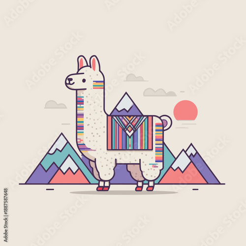 Cute Llama Standing in Mountains with Colorful Blanket