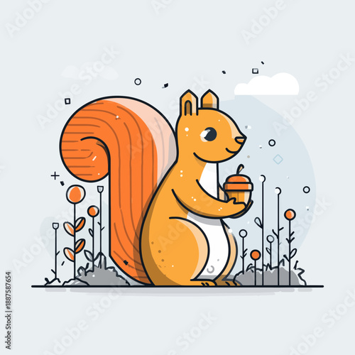 Cute Orange Squirrel Holding an Acorn in a Stylized Garden