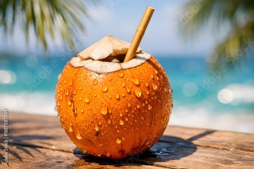 Fresh Sri Lankan King Coconut Thambili Drink with Condensation on Beach