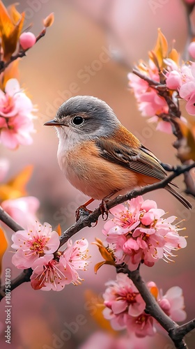 Peaceful garden bird surrounded by fresh cherry blossoms in sunlight high resolution picture