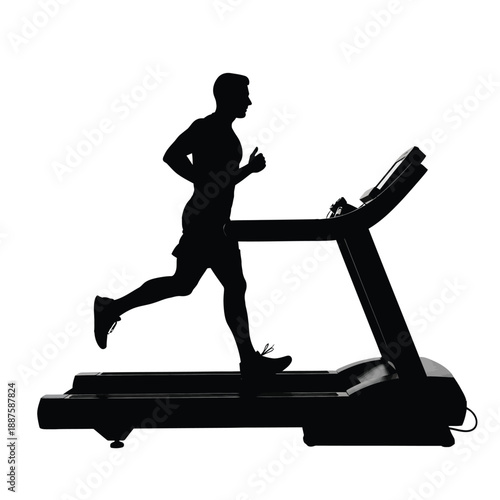 Silhouette of man running vigorously on modern electronic treadmill machine