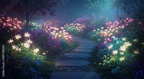 Chemin sinueux dans un jardin enchant� avec des fleurs lumineuses brillantes sous une douce lumi�re magique nocturne. AI Generated