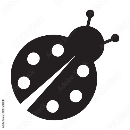 This image displays a clean, minimalist black silhouette of a ladybug against a white background. The stylized insect features a rounded body with several white circular spots on its back, separated 