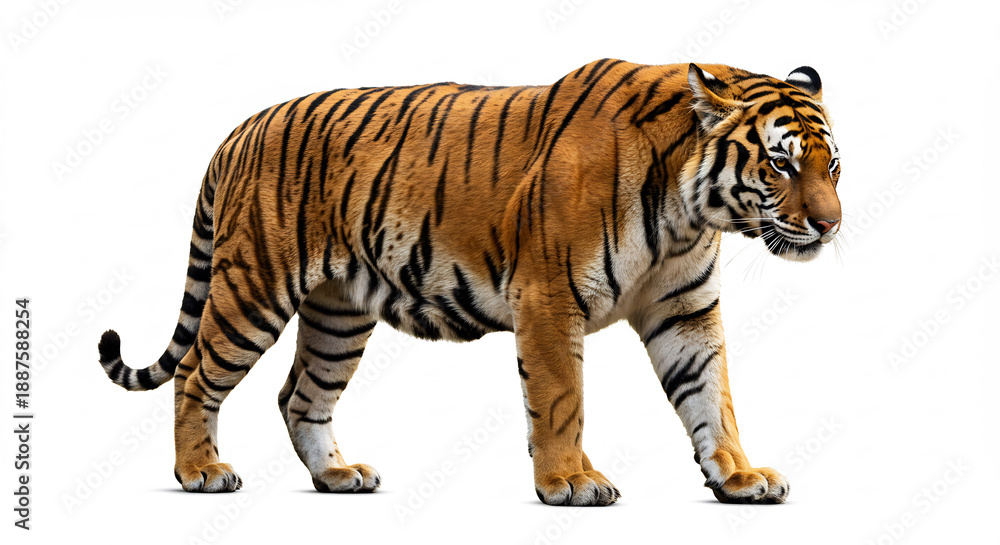 Obraz premium Tigre puissant aux rayures vibrantes et pelage orange dor� avan�ant avec confiance sur fond blanc �clatant. AI Generated