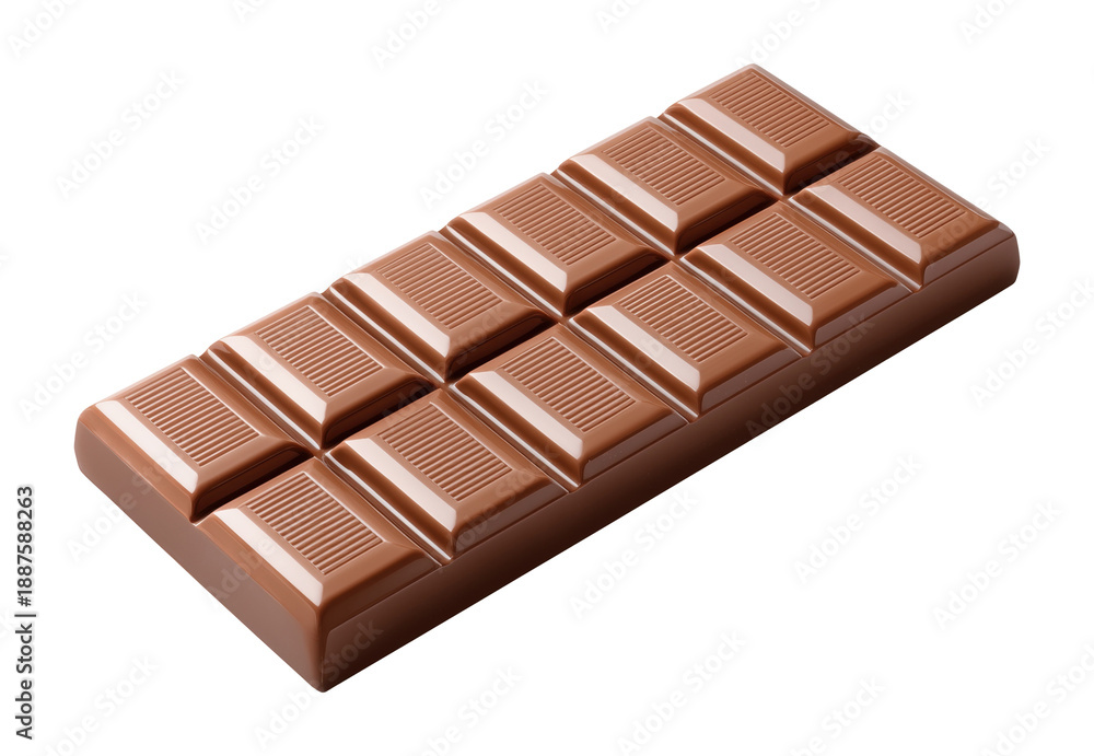 Obraz premium Milk chocolate bar with segments in angled perspective, isolated on transparent background