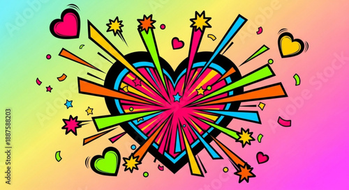 Vibrant heart with colorful explosion of lines and stars on rainbow background symbolizing love and energy