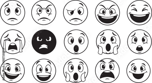 Collection of black and white emoji faces with various expressions