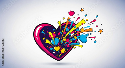 Vibrant heart with colorful explosion of shapes and symbols on white background conveying love and joy