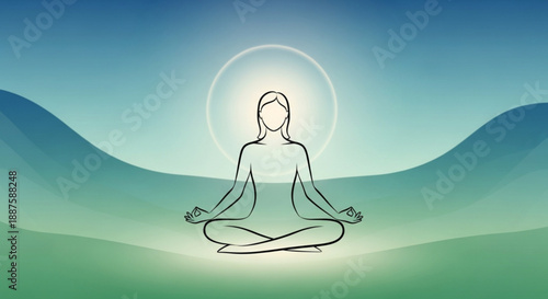 Woman meditates in lotus position with glowing aura in serene natural landscape with mountains