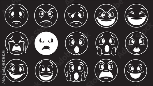 Collection of black and white emoji faces with various expressions
