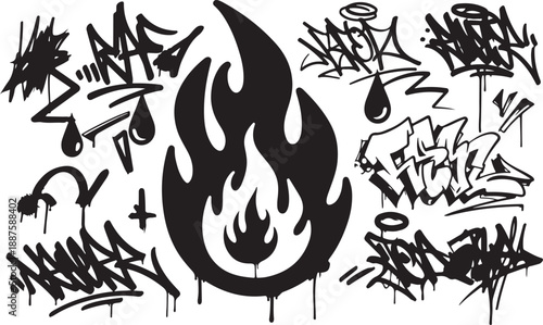 Set of graffiti spray element vector. Collection of colorful symbol, scribble, stroke, arrow, heart, star, fire, bear. Element on white background