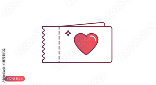 Red heart ticket icon with star on white background for love or romance concept