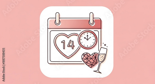 Valentine's day celebration calendar icon with heart clock and champagne glass on pink background symbolizing love and festivity