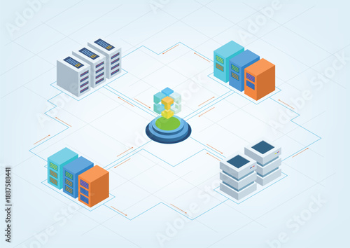 Isometric Data Center Architecture with Server Racks and Central Cloud Hub Connection