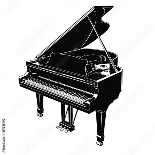 Elegant black and white vector illustration of a grand concert piano