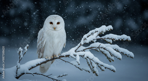 Hibou des neiges aux yeux dor�s observant le paysage hivernal enneig� sous les flocons d�licatement �clair�s. AI Generated