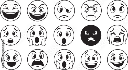 Collection of black and white emoji faces with various expressions