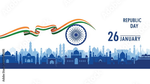 Indian Republic Day Banner with Waving Flag and Blue City Skyline