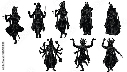 Set of 9 Black Hindu God and Goddess Silhouettes Vector