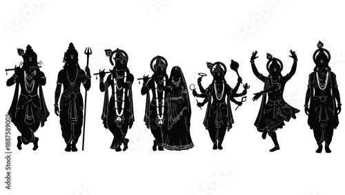 Set of 8 Black Hindu Gods and Goddesses Silhouettes Vector Illustration