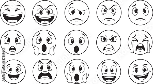 Collection of black and white emoji faces with various expressions