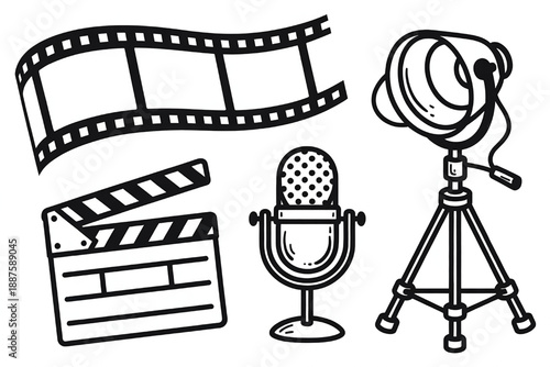 Collection of cinema and film icons including film strip clapperboard microphone and spotlight for media and entertainment design isolated on white