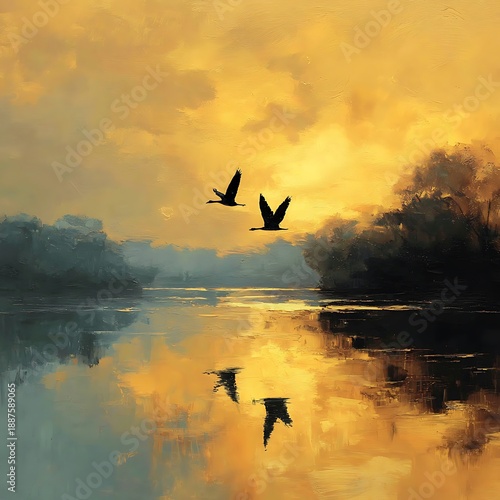 Peaceful river sunrise scene featuring silhouette birds flying above calm water high resolution picture