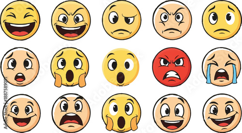 Collection of black and white emoji faces with various expressions