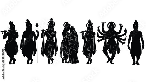 Set of 8 Hindu God Silhouettes Vector Illustration