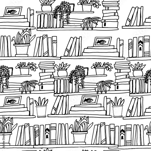 Black and white seamless pattern with books, plants in hand drawn style.Repeating background for book tracker, planners, journals, education projects