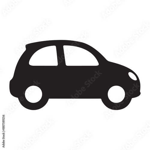 This is a minimalist, two-dimensional icon of a car shown in profile view. The silhouette of the vehicle is rendered in solid black, while the windows and wheels are represented by white cutouts again