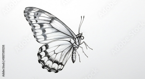 �l�gant dessin de papillon en noir et blanc esquiss� avec finesse sur un fond blanc pur. Esth�tique minimaliste captivante.. AI Generated