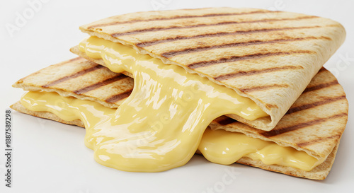 Quesadilla grill�e dor�e fromage jaune onctueux g�n�reusement fondu coulant marques parfaites sur fond blanc. AI Generated