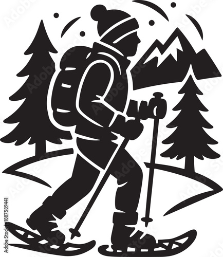 Silhouette of a person snowshoeing with a backpack and ski poles, surrounded by pine trees and mountains